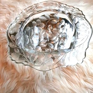 Cut Crystal Etched France Floral Large Footed Bowl